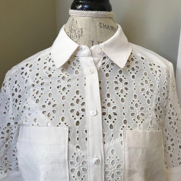 Veronica Beard Rafaela Eyelet Shirt Dress Womens 6 Cream Short Sleeve Cotton - Picture 5 of 12